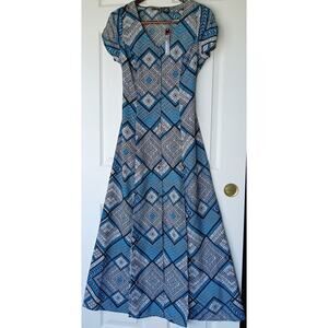 Fire Los Angeles Blue Button-up Maxi Dress M deep slits black mosaic waist tie